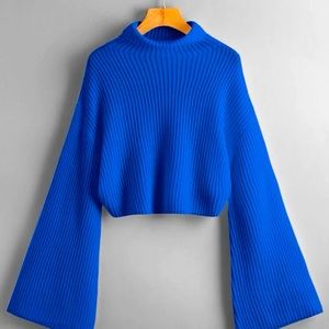 SHEIN Royal Blue Drop Shoulder Turtleneck Sweater with Flare Sleeves